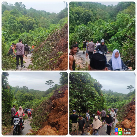 Longsor dan Pohon Tumbang, Polsek Giri Mulya Bersama Warga Gotong-Royong Bersihkan Jalan
