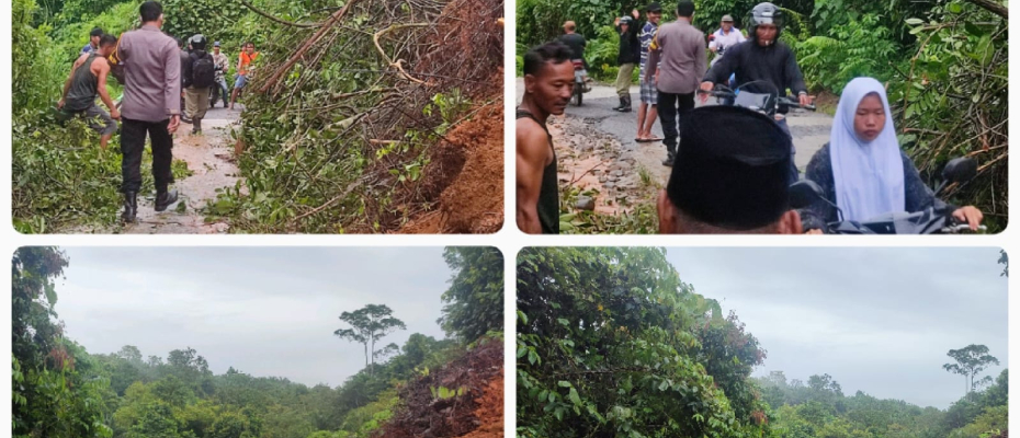 Longsor dan Pohon Tumbang, Polsek Giri Mulya Bersama Warga Gotong-Royong Bersihkan Jalan
