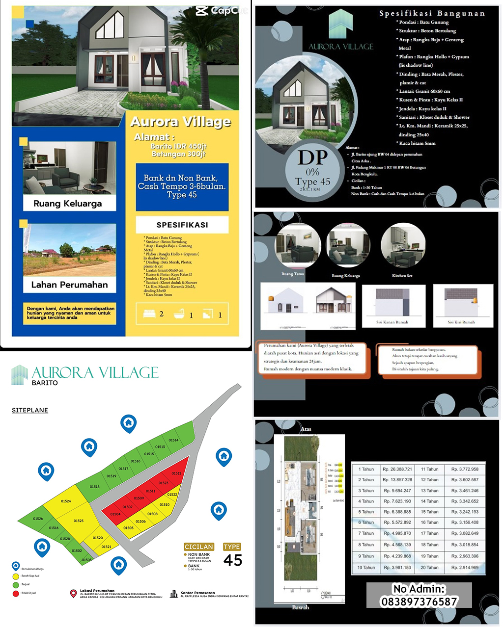 Aurora Village, Bank dan Non Bank Casgh Tempo 3-6 Bulan Type 45 DP 0%